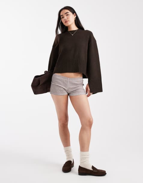 Monki crew neck knit sweater with ribbed cuffs and hem detailing in dark chocolate brown - view 1
