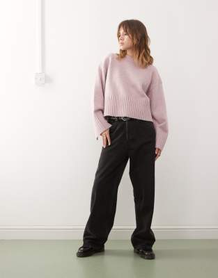 Monki Crew Neck Knit Sweater With Ribbed Cuffs And Hem Detailing In Pink