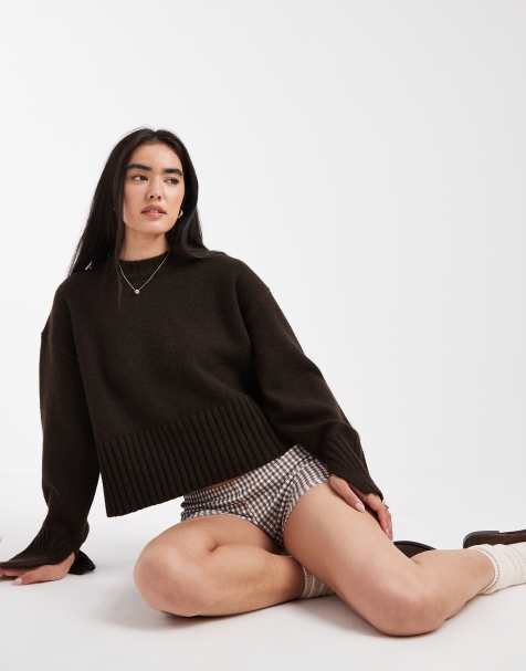 Monki crew neck knitted jumper with ribbed cuffs and hem detail in dark chocolate brown - view 1