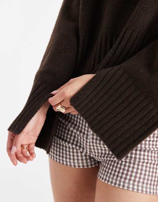 Monki crew neck knitted jumper with ribbed cuffs and hem detail in dark chocolate brown, 4 of 4