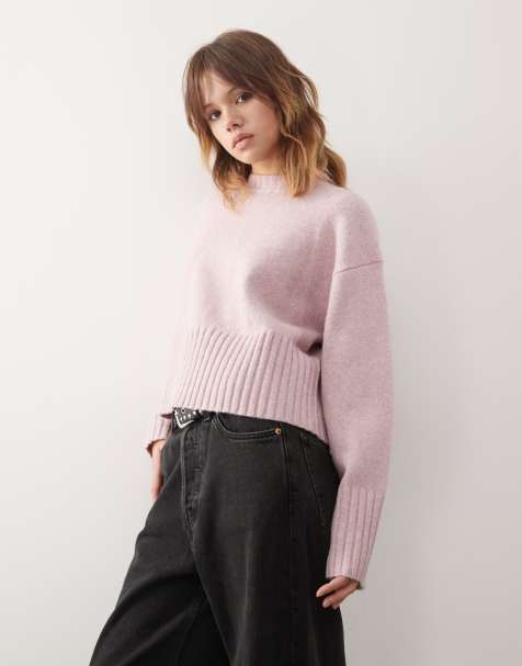 Monki crew neck knitted jumper with ribbed cuffs and hem detail in dusty pink - view 1