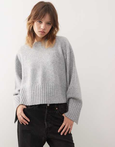 Monki crew neck knitted jumper with ribbed cuffs and hem detail in grey melange - view 1