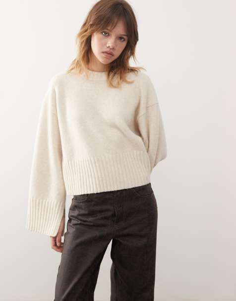 Monki crew neck knitted jumper with ribbed cuffs and hem detail in white - view 1