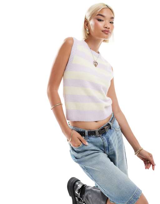 Monki crew neck knitted singlet in lilac and yellow stripe
