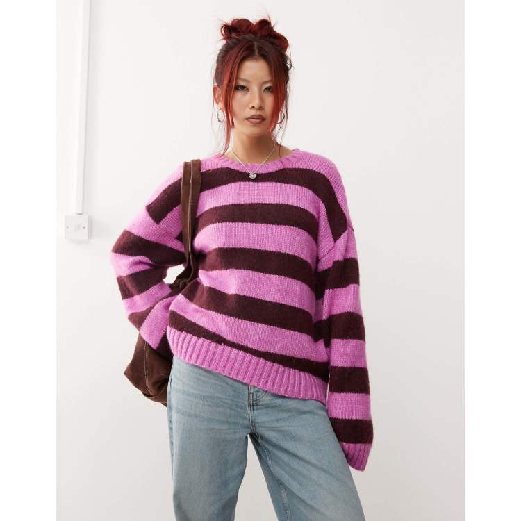 Monki crew neck knitted sweater in pink and burgundy stripe ASOS