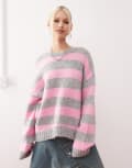 [Monki] Monki crew neck knitted sweater in pink and grey stripe-Multi 2XS Pink and grey