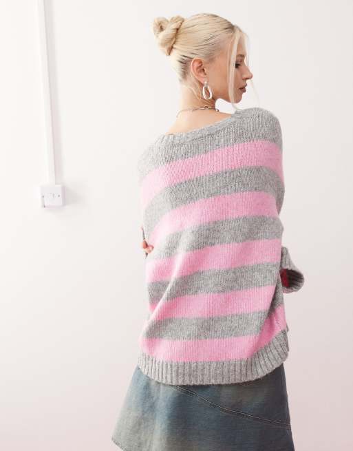 Monki crew neck knitted sweater in pink and grey stripe