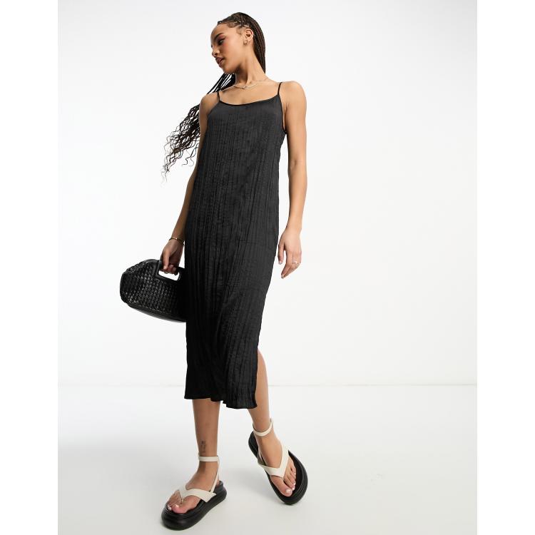 Monki crinkle cami midi dress in black