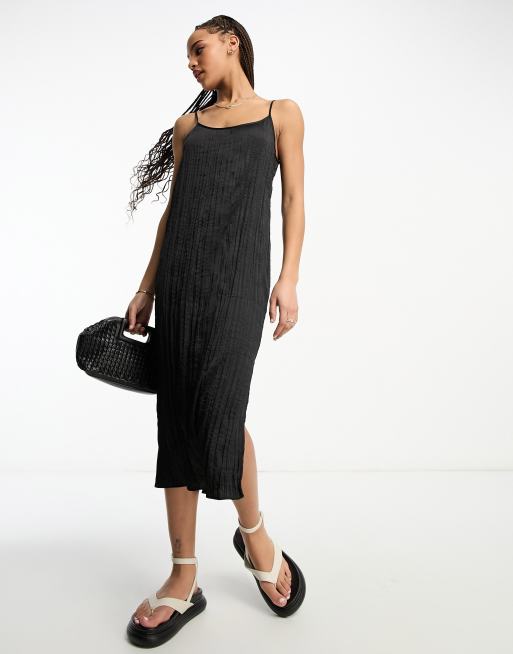 Black Black Crinkled Satin Midi Slip Dress