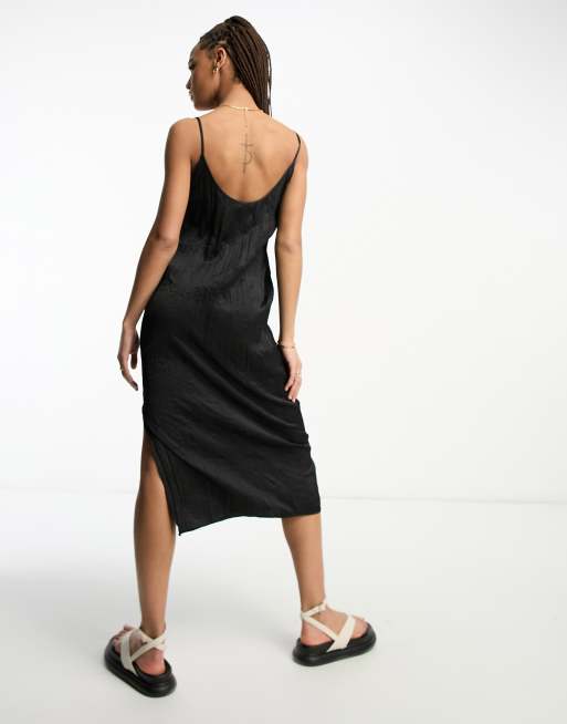 Monki crinkle cami midi dress in black