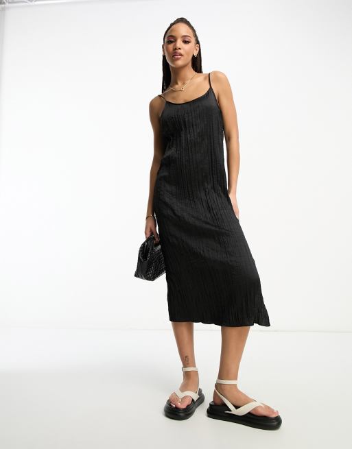 Monki crinkle cami midi dress in black