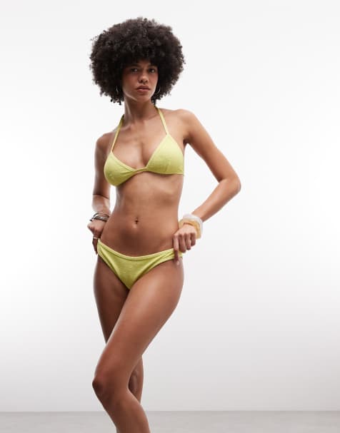 Monki crinkle high leg bikini bottoms in yellow (part of a set) - view 1