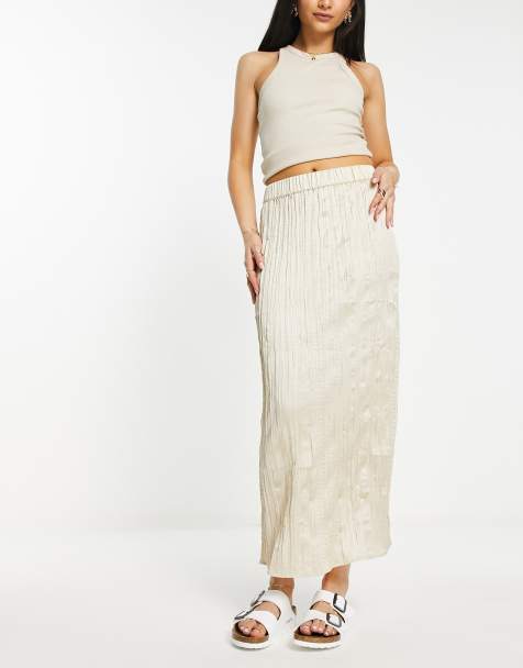 Monki crinkle midi skirt with split in beige