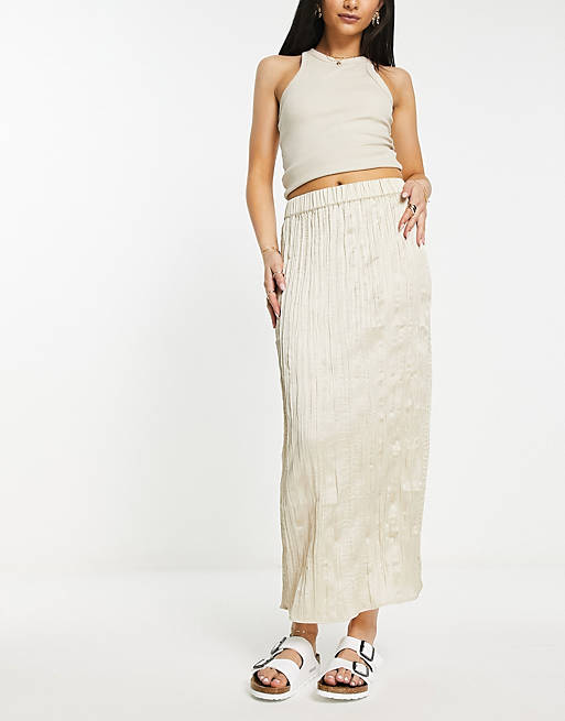 Monki crinkle midi skirt with split in beige | ASOS