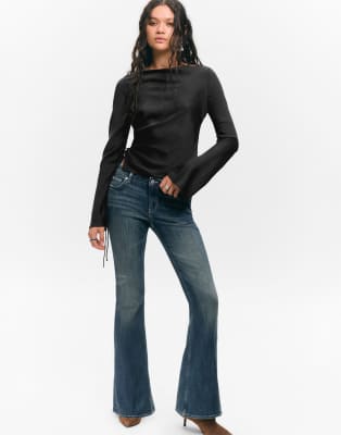 Monki Crinkle Satin Long Sleeve Boat Neck Top In Black