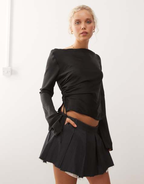 Monki crinkle satin long sleeve boat neck top in black - view 1