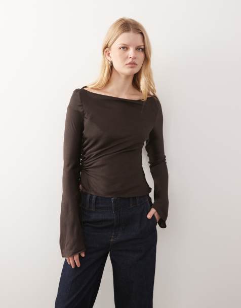 Monki crinkle satin long sleeve boat neck top in dark chocolate brown - view 1