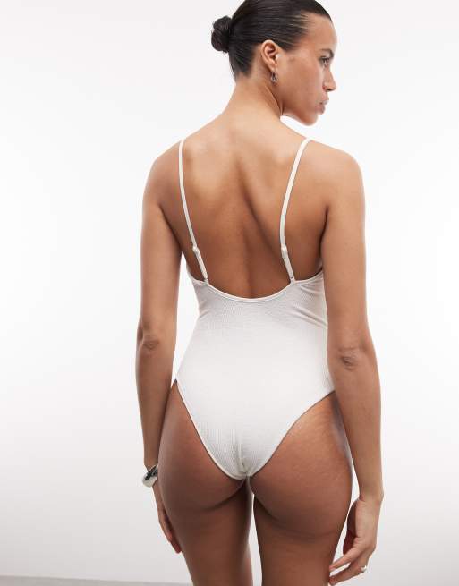 Monki crinkle scoop neck high leg swimsuit in white, 4 of 4