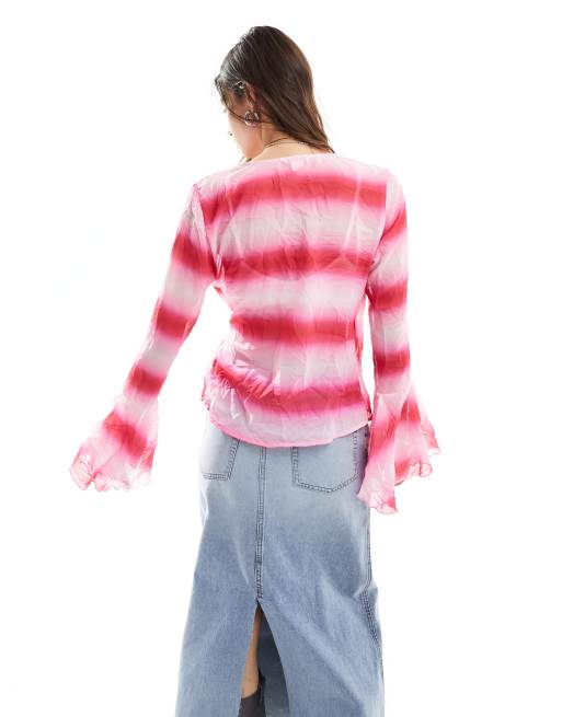 Monki crinkle tie waist wrap blouse with fluted cuffs in in pink ombre print, 4 of 4