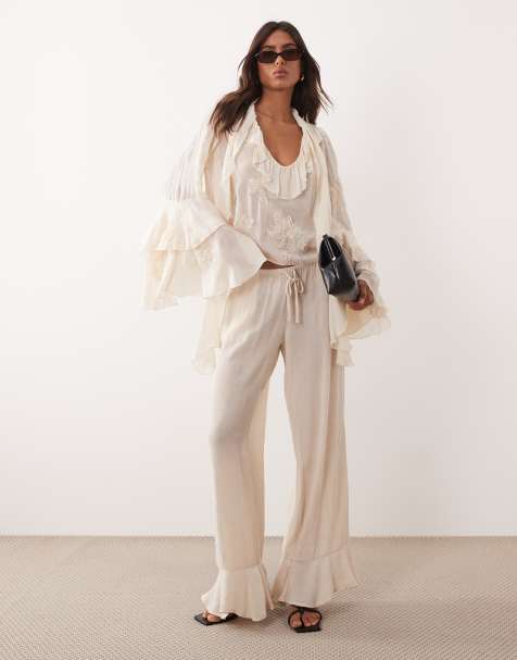 Monki crinkle wide leg pants in off white - view 1