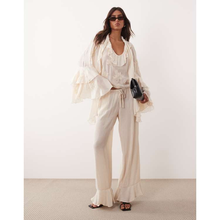 Monki crinkle wide leg pants in off white | ASOS