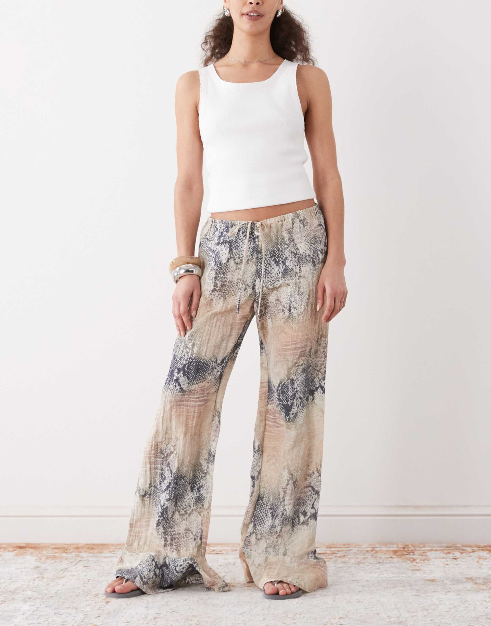 monki crinkle wide leg pants in snake print