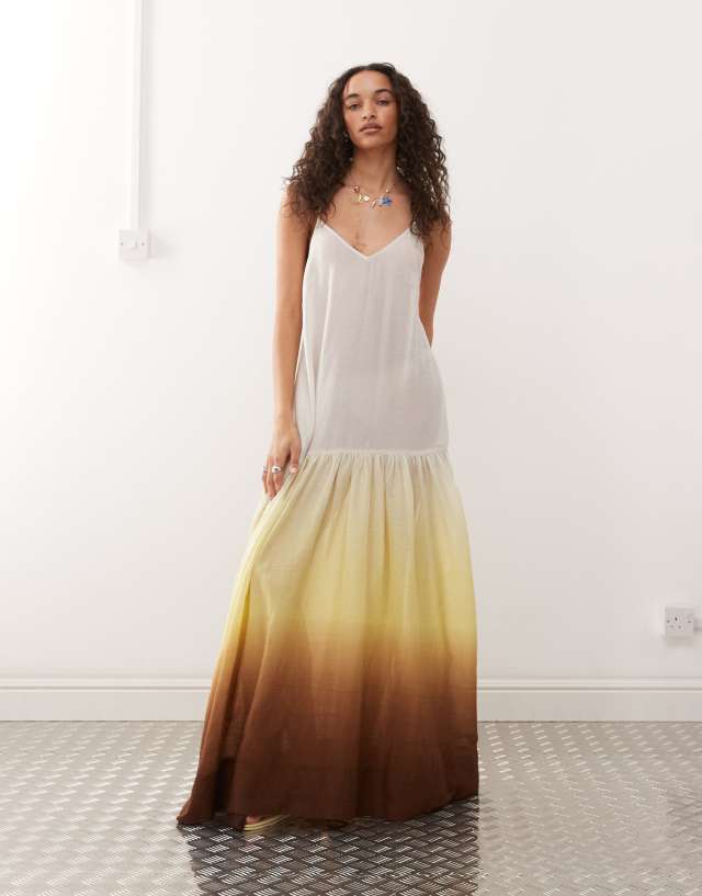 Monki crinkled tiered floaty maxi dress with low tie back detail in brown gradient print