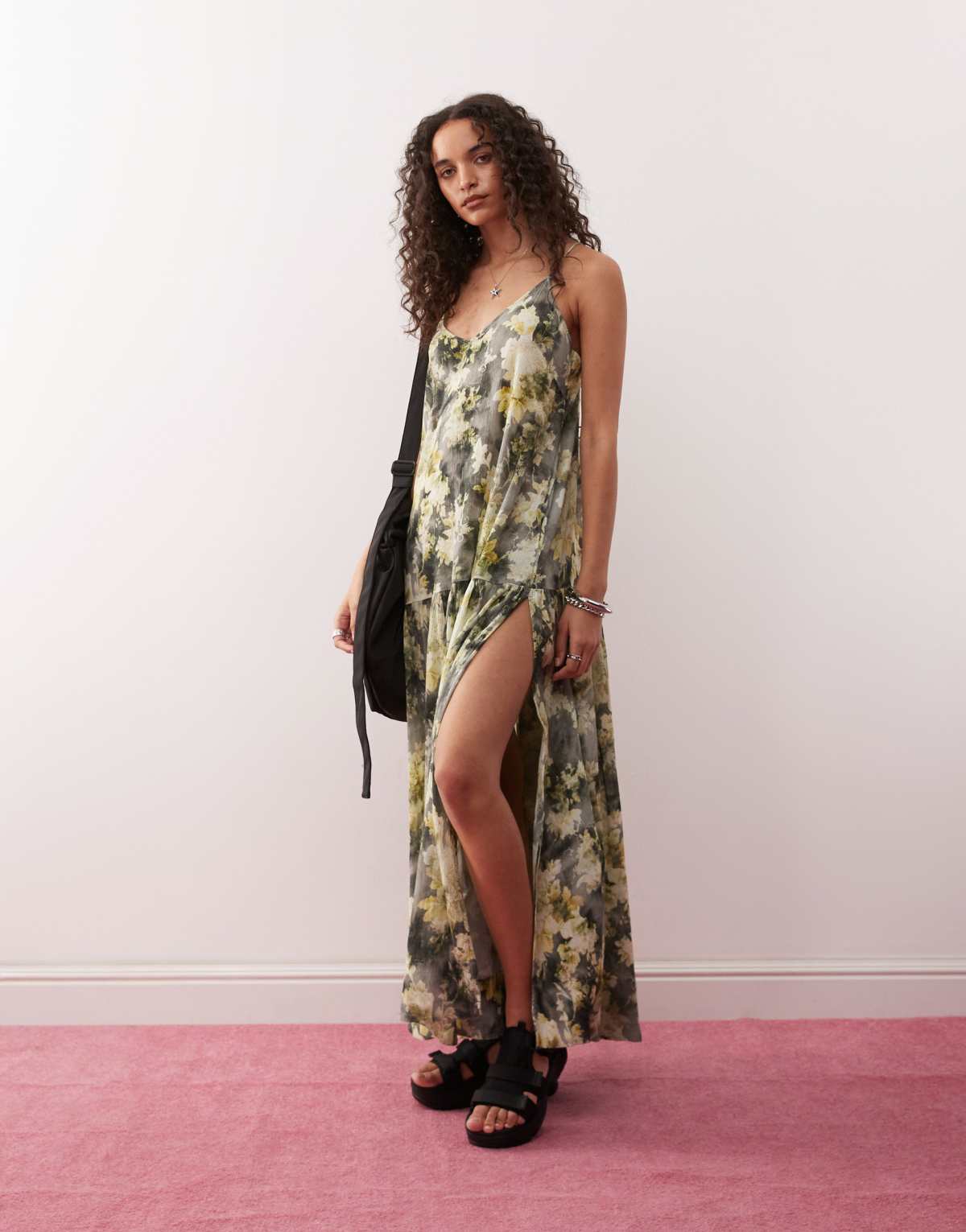 Monki crinkled tiered floaty maxi dress with low tie back detail in grey and yellow floral  print