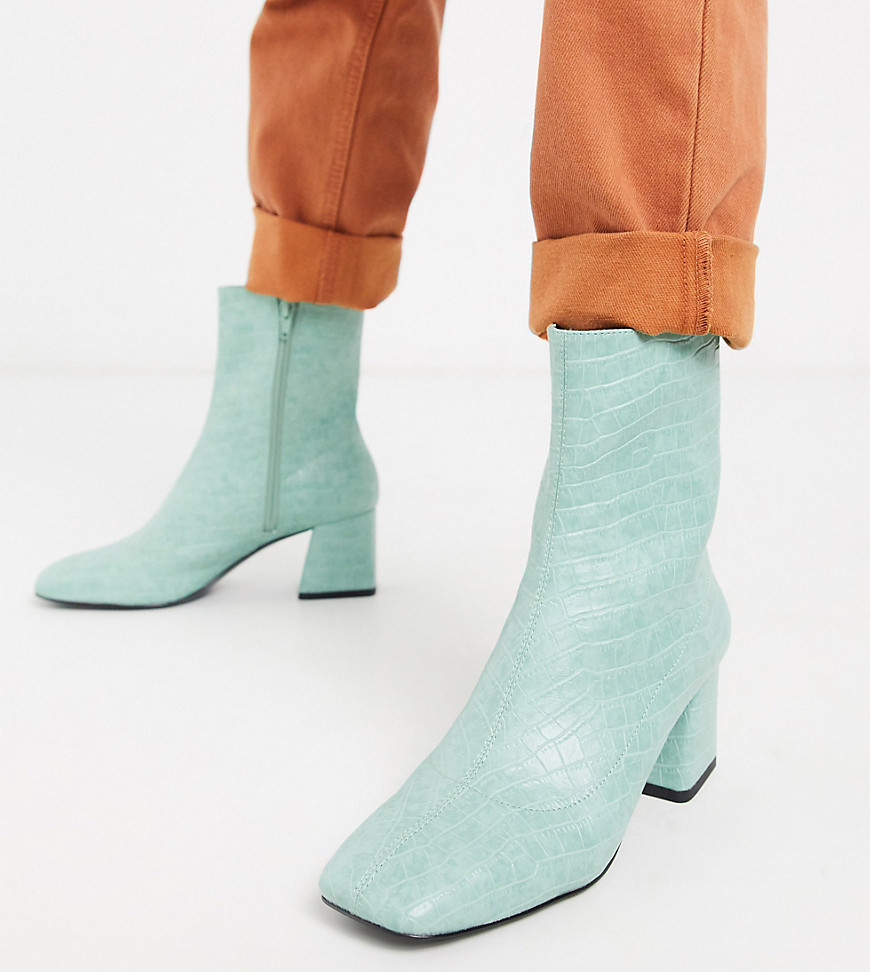Monki croc print ankle boots with block heel in mint green
