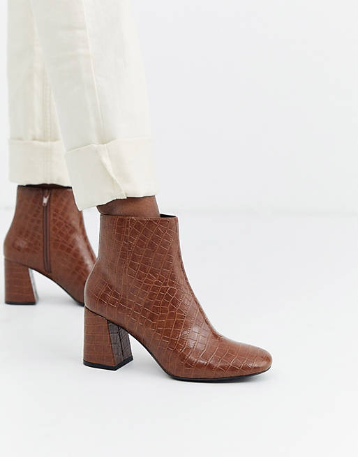 Competitive Ripe ankle Monki croc print block heel ankle boots in brown | ASOS