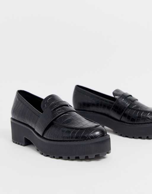 Monki croc print faux leather loafers in black