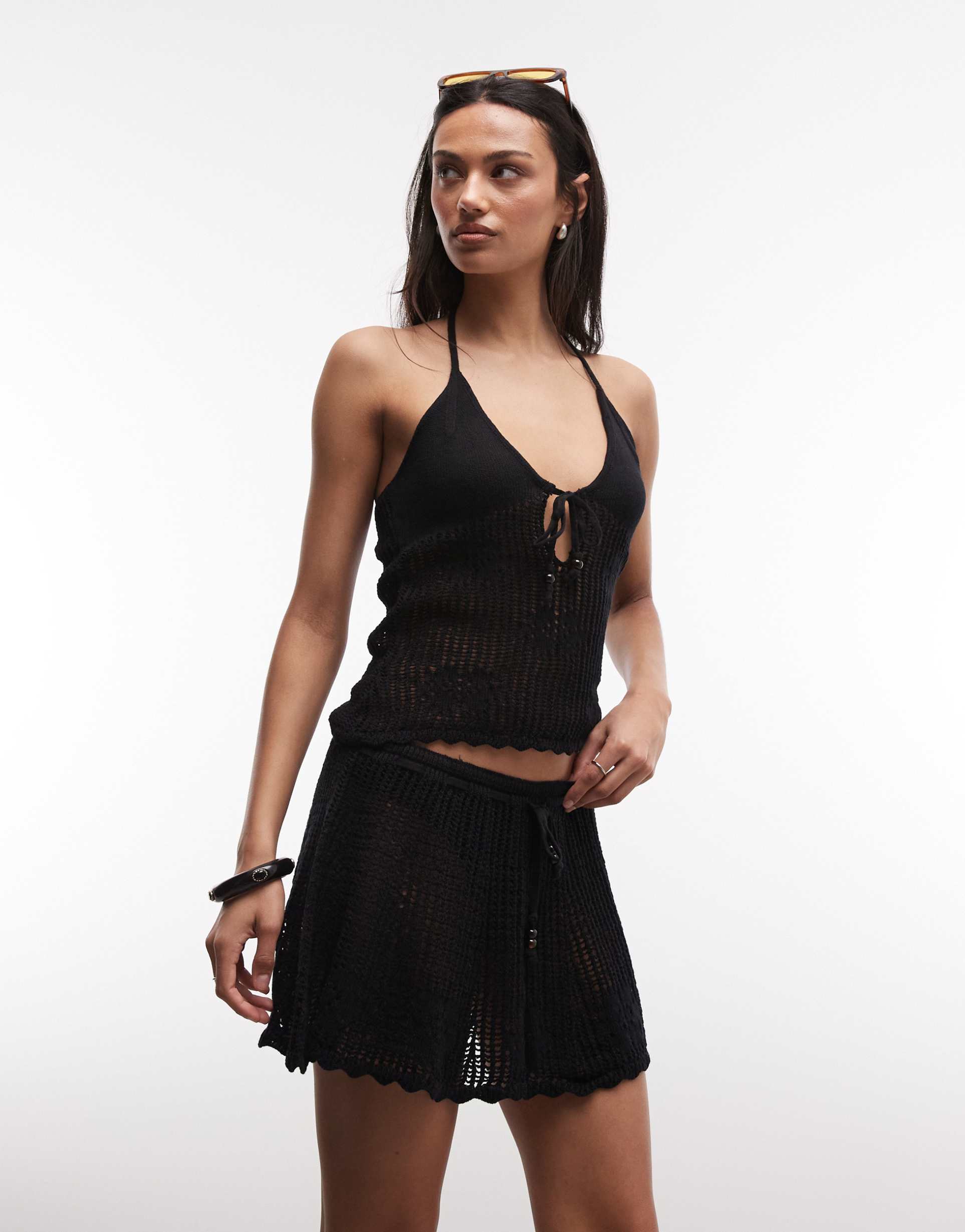 monki crochet beaded flippy mini skirt in black - part of a set