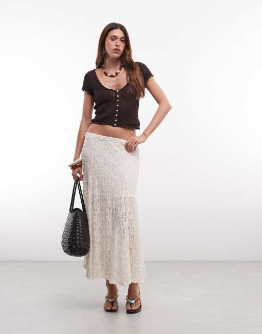 Monki crochet knit short sleeve top in chocolate brown (part of a set), 2 of 7