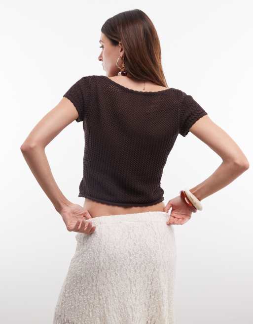 Monki crochet knit short sleeve top in chocolate brown (part of a set), 3 of 7