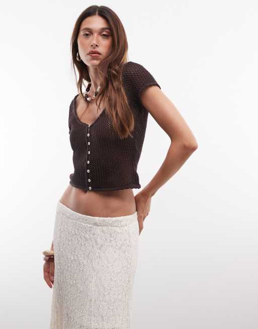 Monki crochet knit short sleeve top in chocolate brown (part of a set), 4 of 7