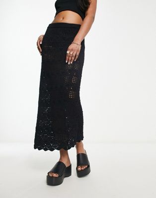 Monki crochet midi skirt in black