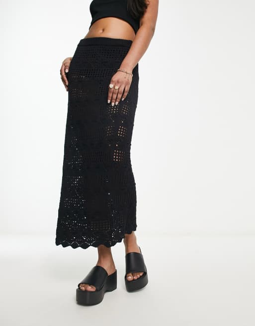 Monki crochet midi skirt in black ASOS