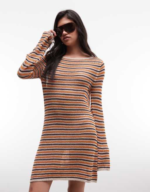 Monki crochet mini dress in orange multi stripe, 2 of 4