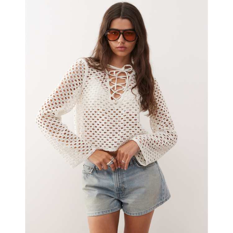 Monki crochet open knit top in white | ASOS