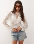 [Monki] Monki crochet open knit top in white L White