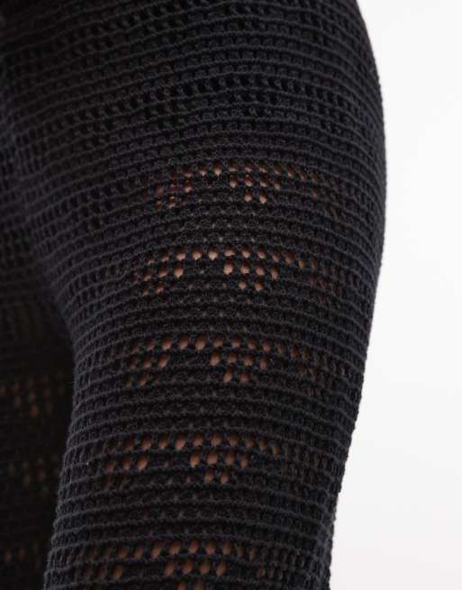 Monki crochet style wide leg pants in black, 4 of 5
