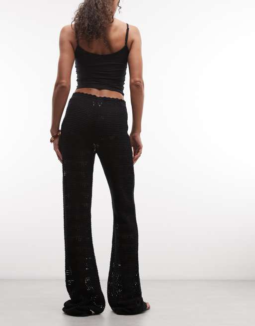 Monki crochet style wide leg pants in black, 5 of 5