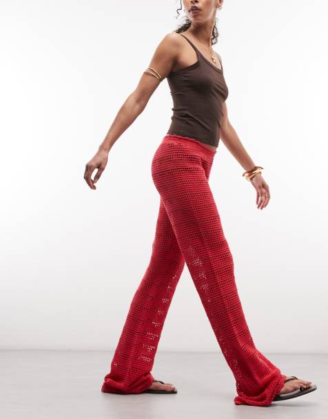 Monki crochet style wide leg pants in red - view 1