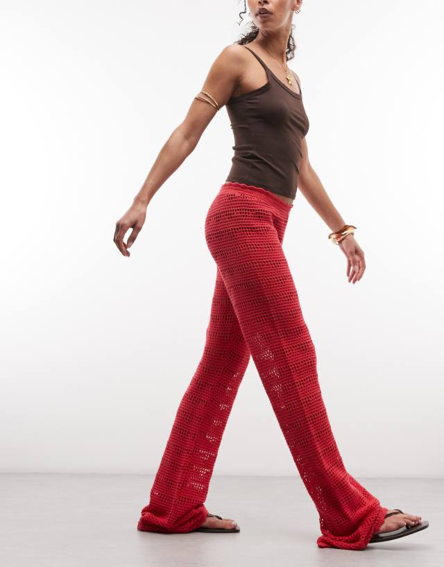 Monki crochet style wide leg pants in red | ASOS