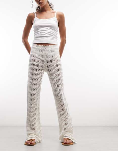 Monki crochet style wide leg trouser in white - view 1