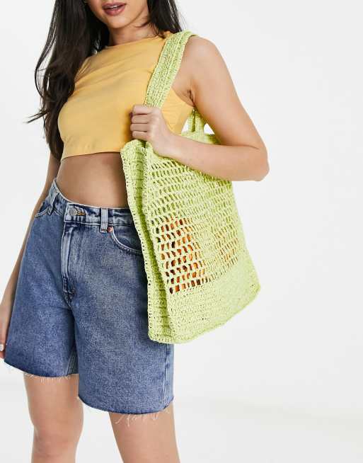 Monki crochet tote bag in lime green, 3 of 4