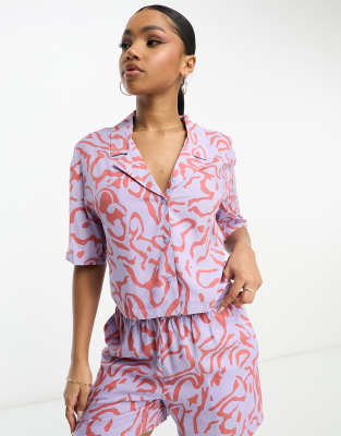 Monki Cropped Boxy Blouse In Purple Scribble - Part Of A Set