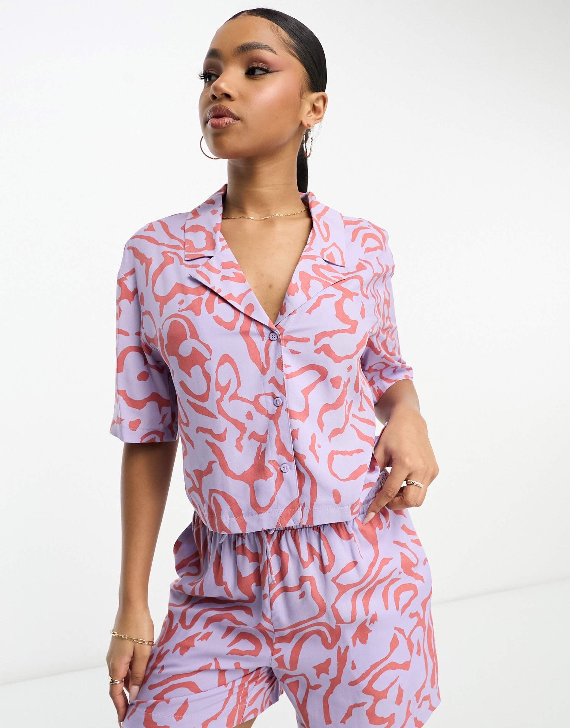 monki cropped boxy blouse in purple scribble - part of a set