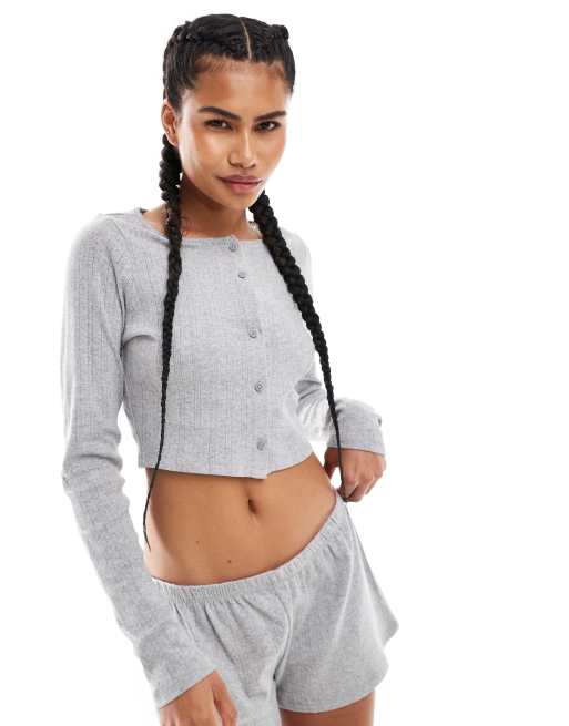 Monki cropped button up cotton cardigan in grey melange (part of a set)