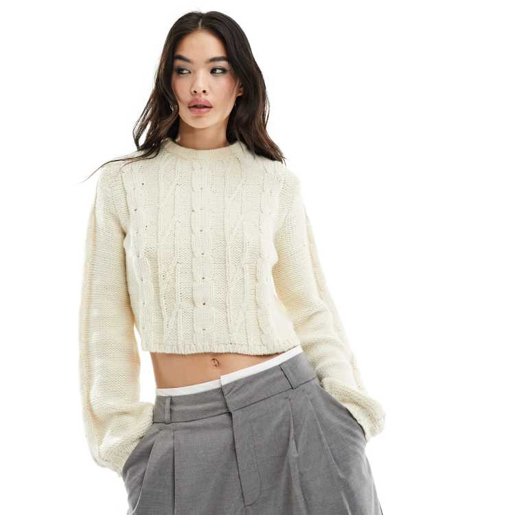 Monki cropped cable knit sweater in cream | ASOS